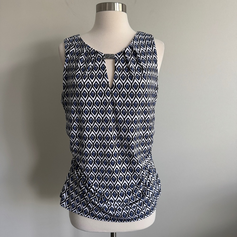 White House Black Market Blue Geometric Print Ruched V-Neck Blouse Large